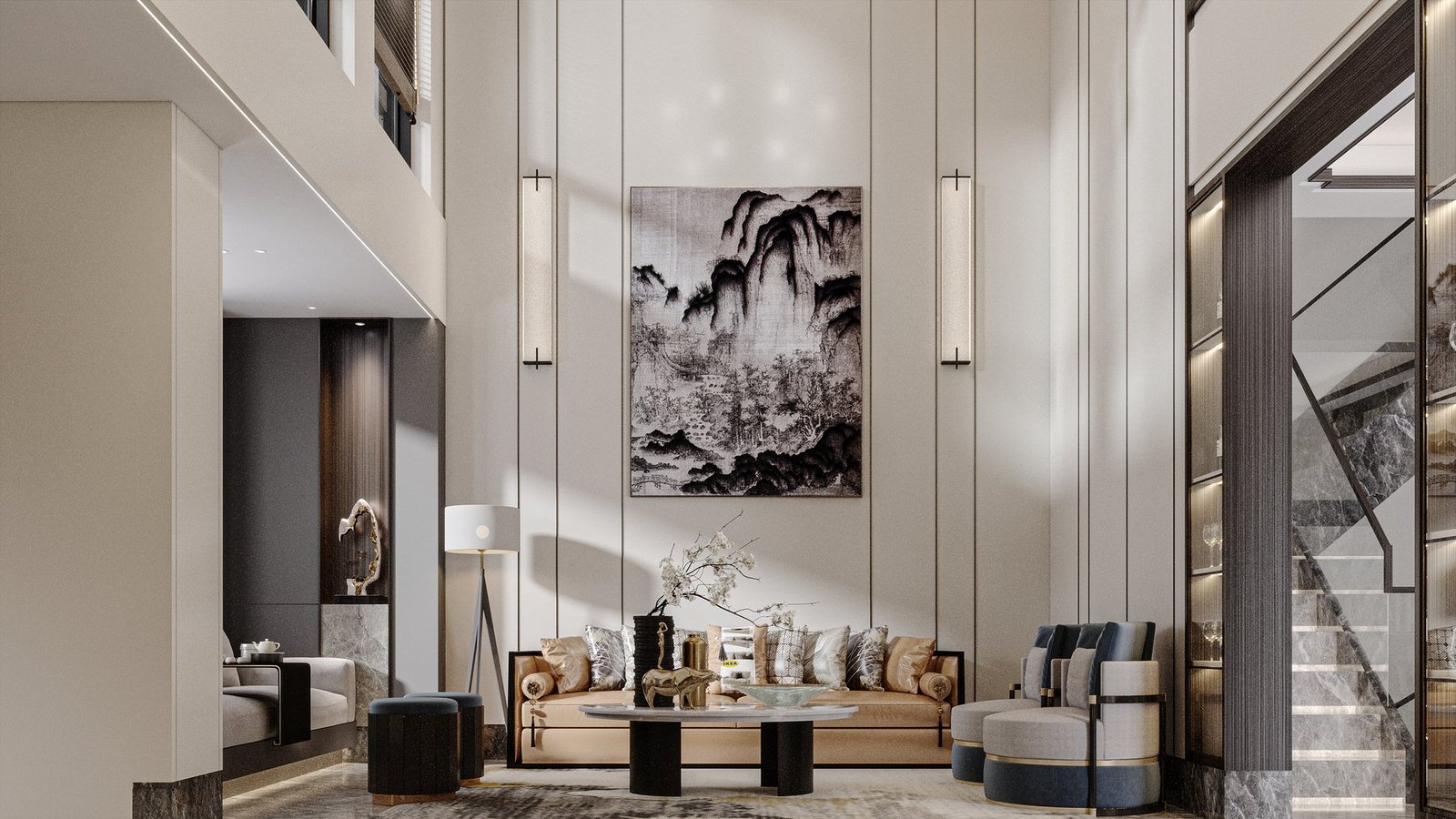 Living room with layered lighting