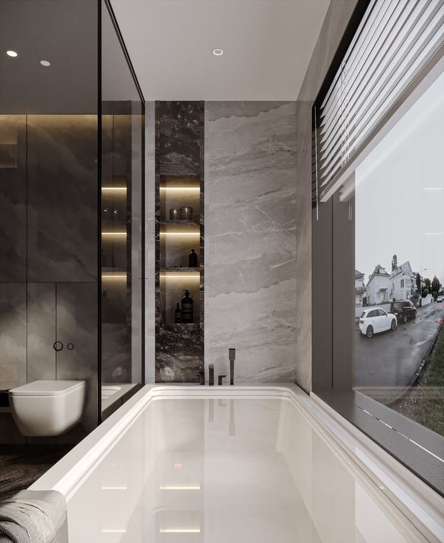 Glass and stone bathroom