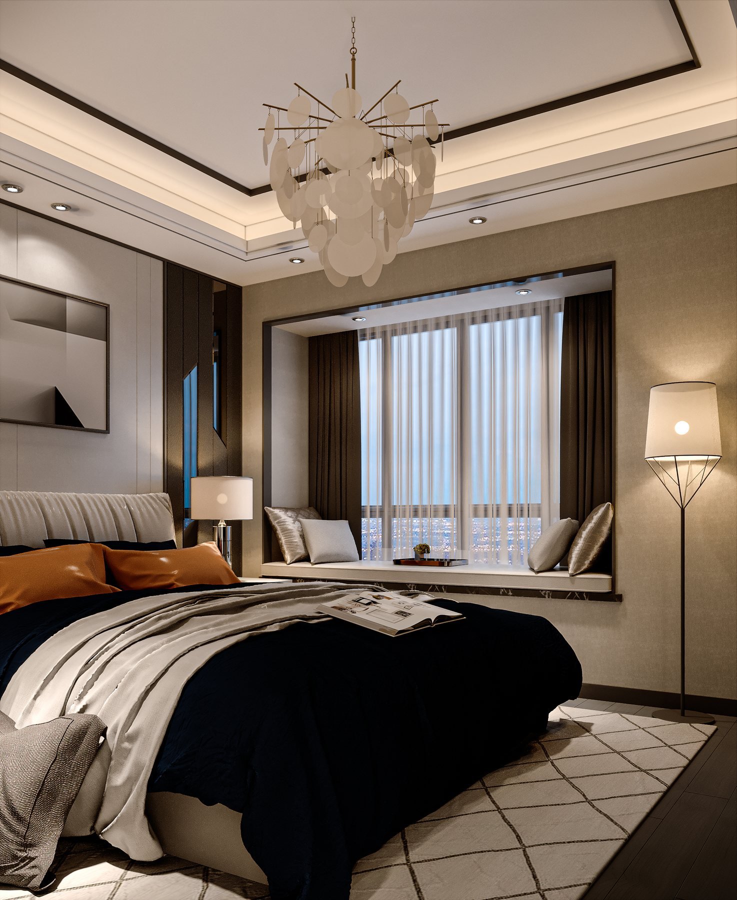 Moody intimate bedroom with layered textiles
